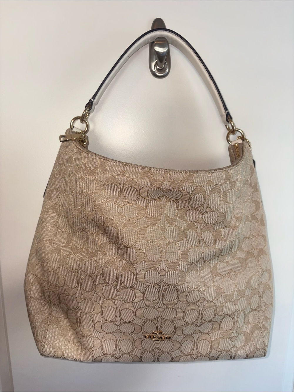 Coach Beige Signature Canvas Shoulder Bag with Gold Hardware